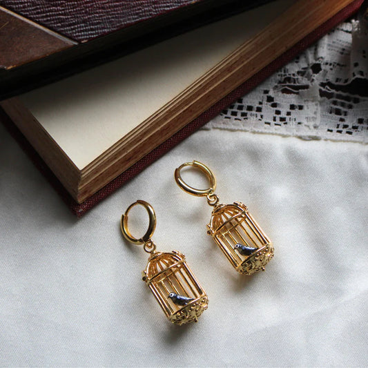 Jane Eyre Birdcage - Gold Pendant Earrings