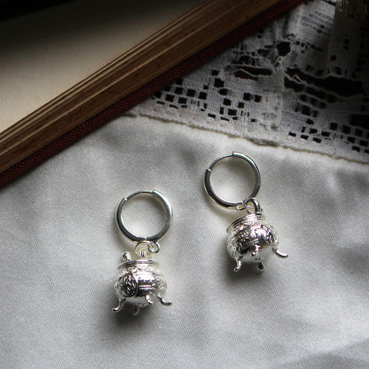 The Encyclopedia of Potion Making Cauldron - Silver Pendant Earrings